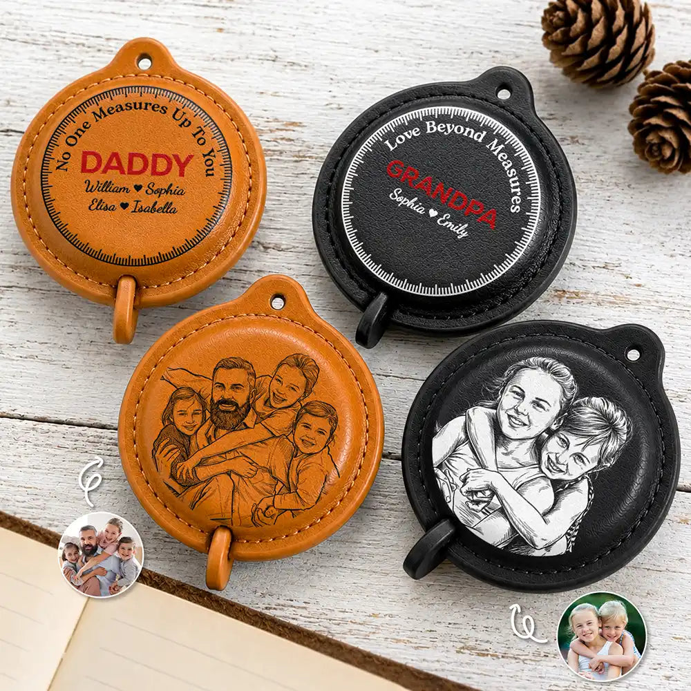 Custom Photo Daddy Love Beyond Measures Pencil Sketch - Personalized Leather Tape Measure