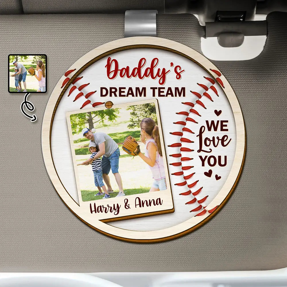 Gift For Father,Happy,Baseball - Custom Photo Daddy's Dream Team - Personalized Custom Shaped Car Visor Clip