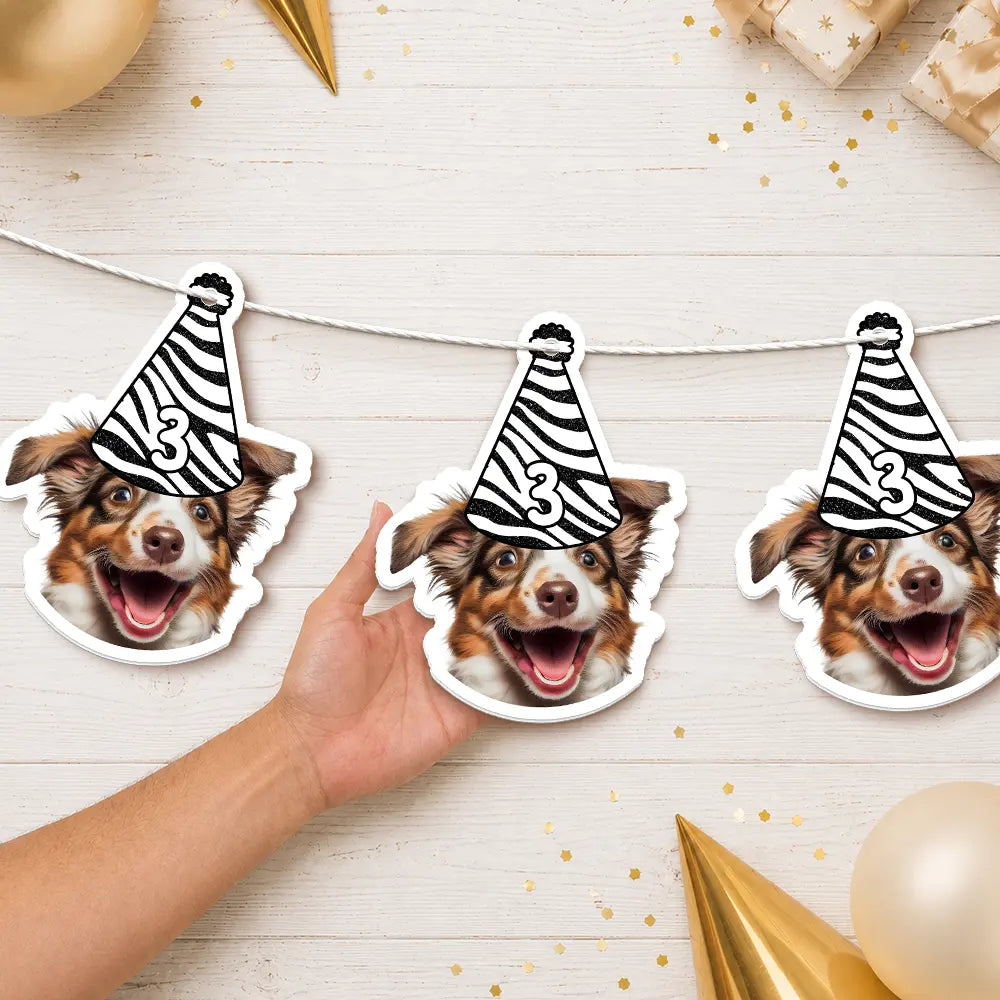 Playful, Custom Photo, Pet Lovers, Cut-Face Photo, Icon - Custom Photo Dog Cat Face Birthday Glitter Effect - Personalized Garland Banner