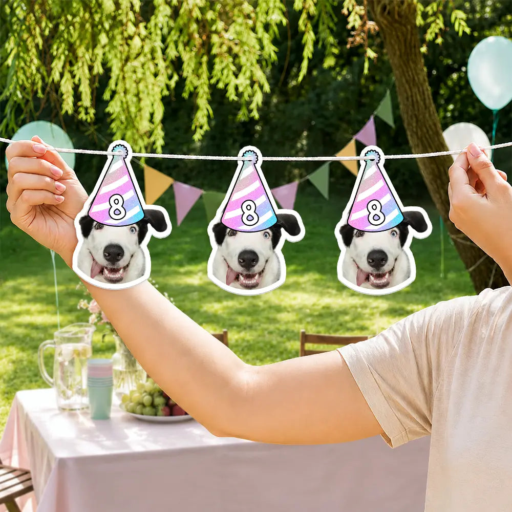 Playful, Custom Photo, Pet Lovers, Cut-Face Photo, Icon - Custom Photo Dog Cat Face Birthday Glitter Effect - Personalized Garland Banner
