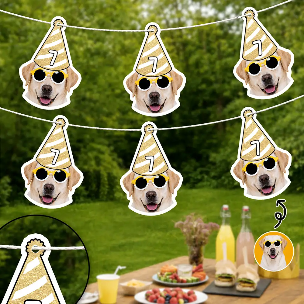 Playful, Custom Photo, Pet Lovers, Cut-Face Photo, Icon - Custom Photo Dog Cat Face Birthday Glitter Effect - Personalized Garland Banner