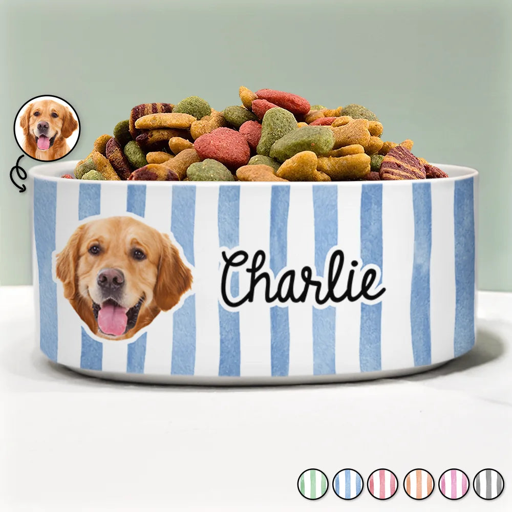 Pet Lovers, Pet Mom, Pet Dad, Pet Couple, Dog Lovers, Cat Lovers - Custom Photo Dog Cat Face With Stripe Pattern - Personalized Pet Bowl
