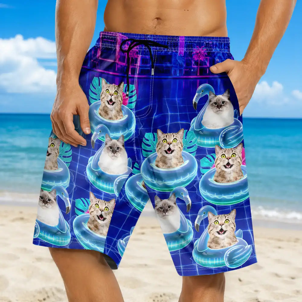 Custom Photo,Summer,Top Market,Pet Dad,Pet Lovers,Gift For Father,Playful,Remove BG Photo - Custom Photo Dog Cat Kid On Floating Paradise - Personalized Unisex Beach Shorts