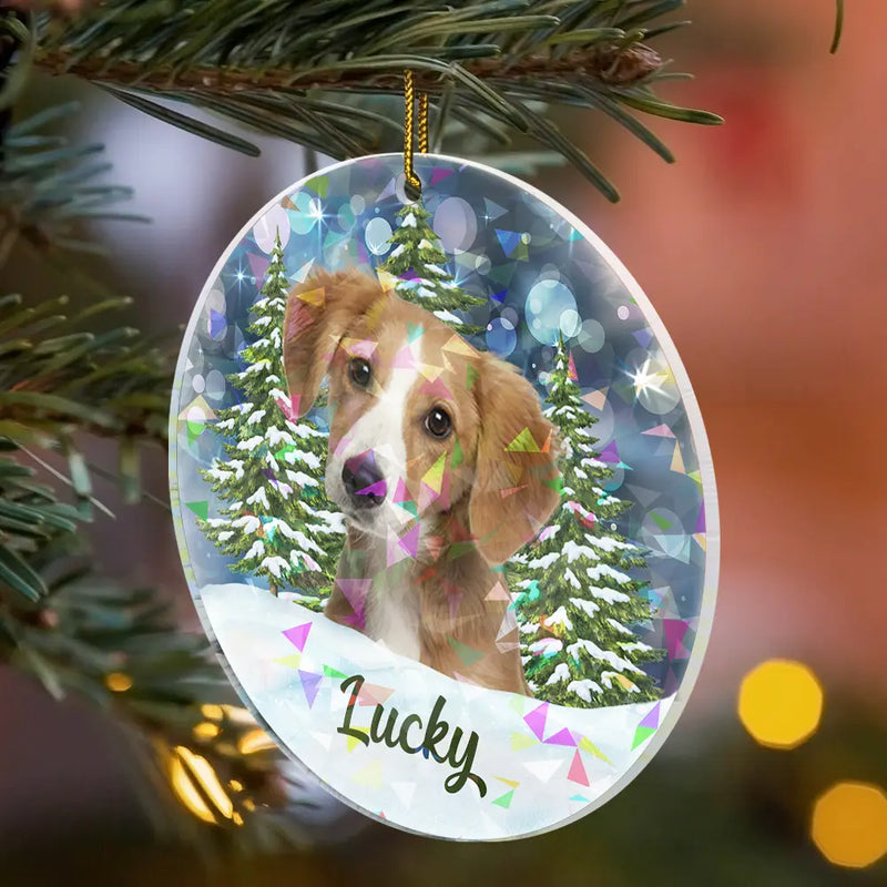 Dog Lovers,Pet Lovers,Happy,Cat Lovers,Christmas - Custom Photo Dog Cat Pet Face - Personalized Holographic Acrylic Ornament