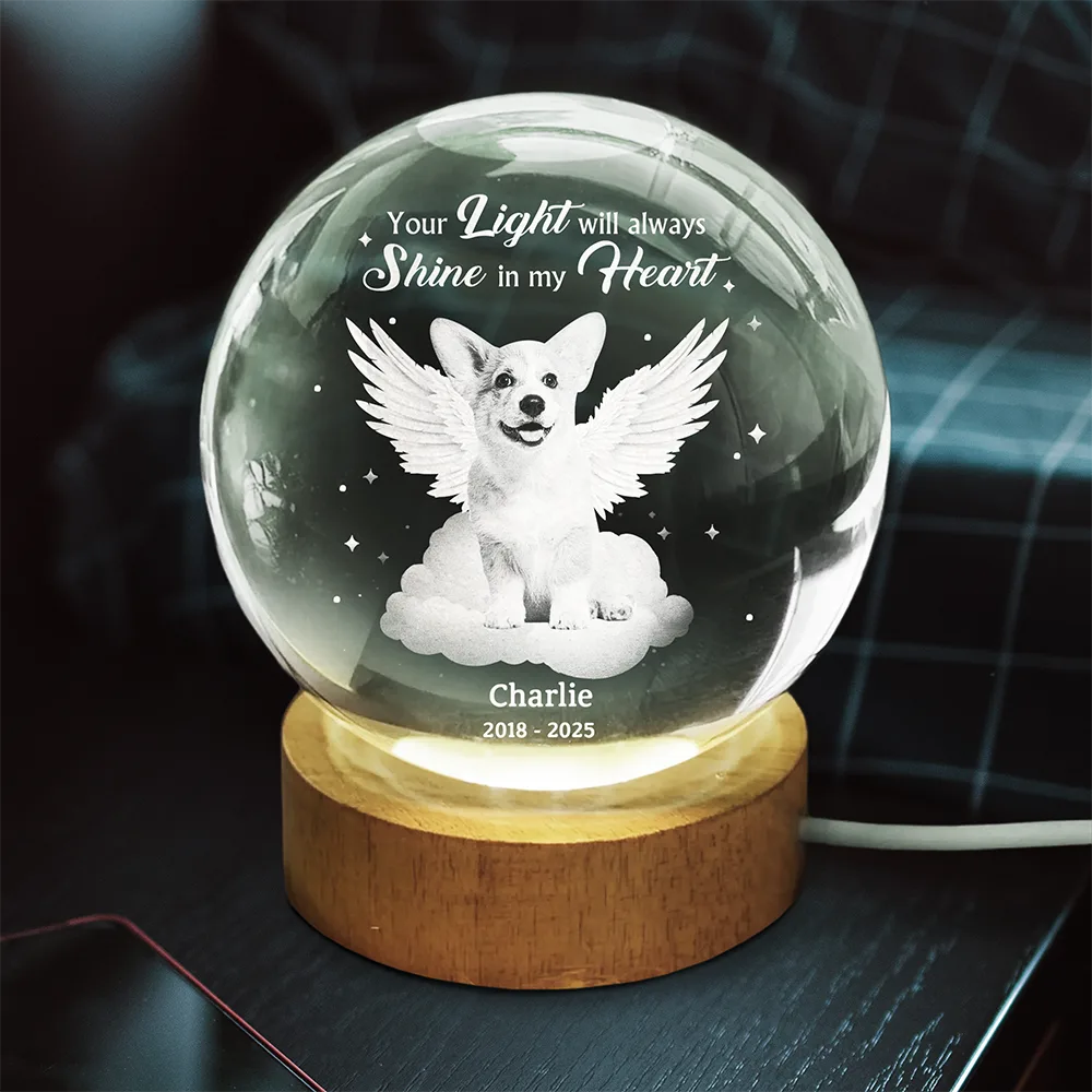 Sad,Pet Lovers,Custom Photo,Memorial - Custom Photo Dog Cat Pet Memorial Your Light Will Always Shine In My Heart - Personalized Crystal Globe Lamp