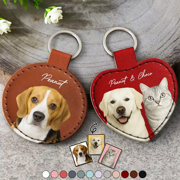 Pet Lovers, Dog Lovers, Cat Lovers - Custom Photo Dog Cat Pet Portrait - Personalized Custom Shaped Leather Keychain With Stitching