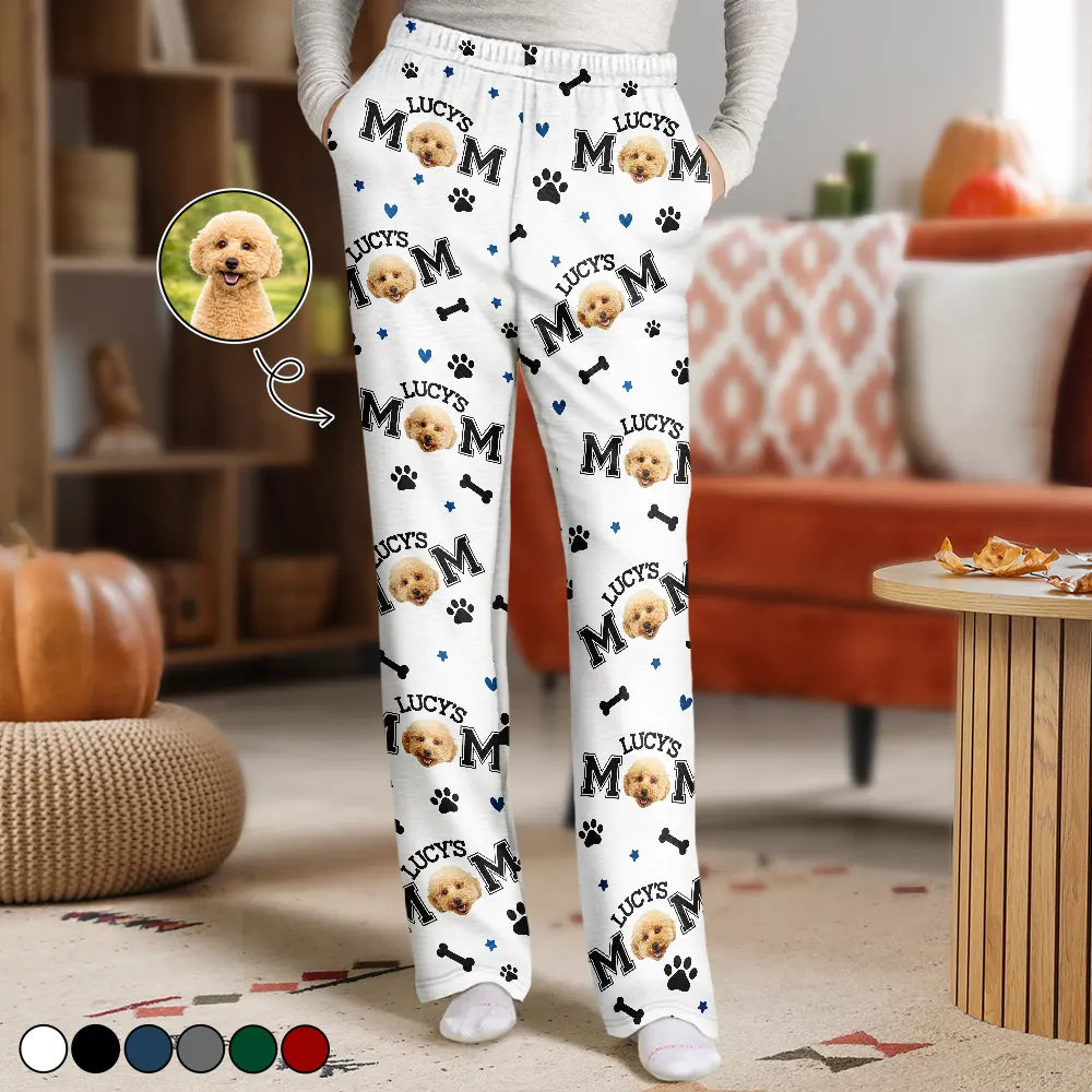 Custom Photo Dog Mom With Paw And Bone Pattern - Personalized Pajama Pants