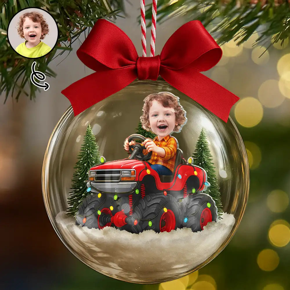 Custom Photo Face Kid Riding Monster Truck - Personalized 3D Acrylic Ball Ornament
