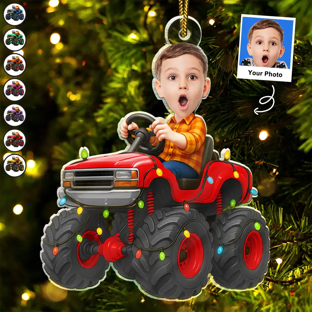 Gift For Kids, Gift For Grandkids, Photo Hobby Ornament, Custom Photo, Funny, Christmas - Custom Photo Face Kid Riding Monster Truck - Personalized Acrylic Photo Ornament