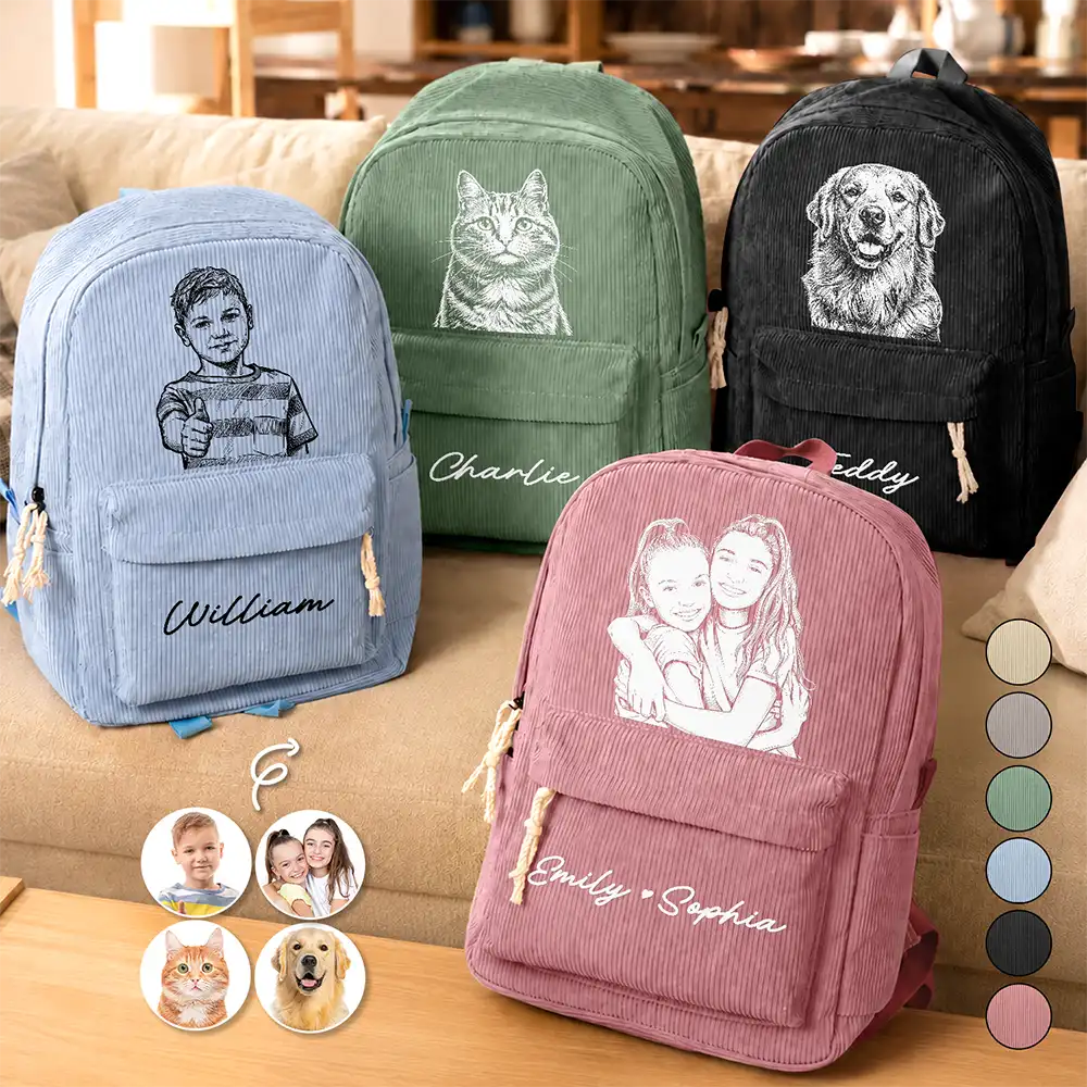 Custom Photo Family Besties Dog Cat Portrait Pencil Sketch - Personalized Corduroy Backpack