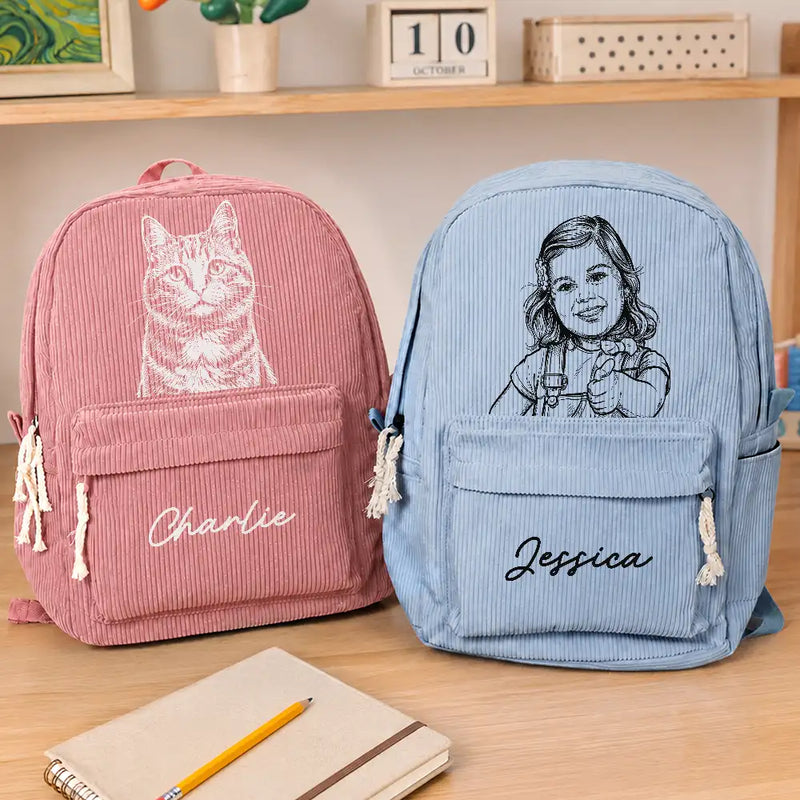 Back To School, Custom Photo, Art Design, Family, Confident, Photo - Pencil Sketch - Bold - Custom Photo Family Besties Dog Cat Portrait Pencil Sketch - Personalized Corduroy Backpack