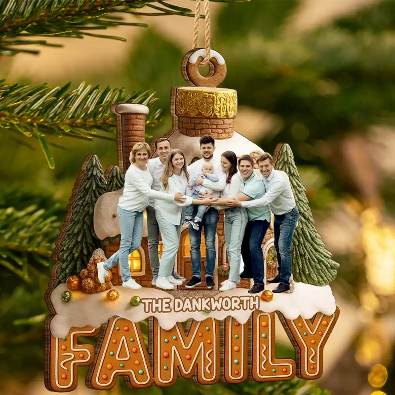 Family, Christmas, Happy - Custom Photo Family Christmas House - Personalized Custom Shaped Wooden Ornament