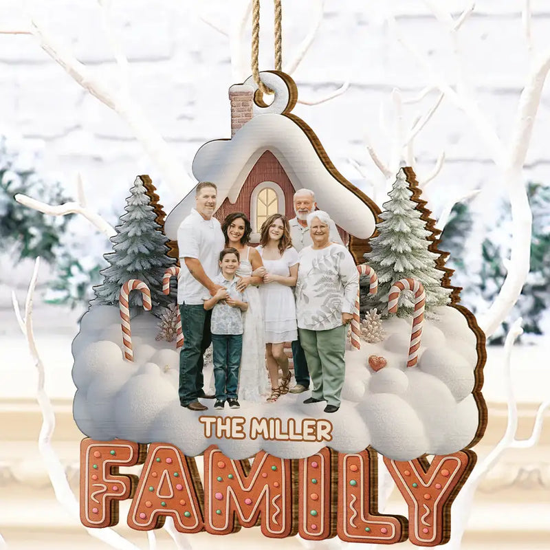 Family, Christmas, Happy - Custom Photo Family Christmas House - Personalized Custom Shaped Wooden Ornament