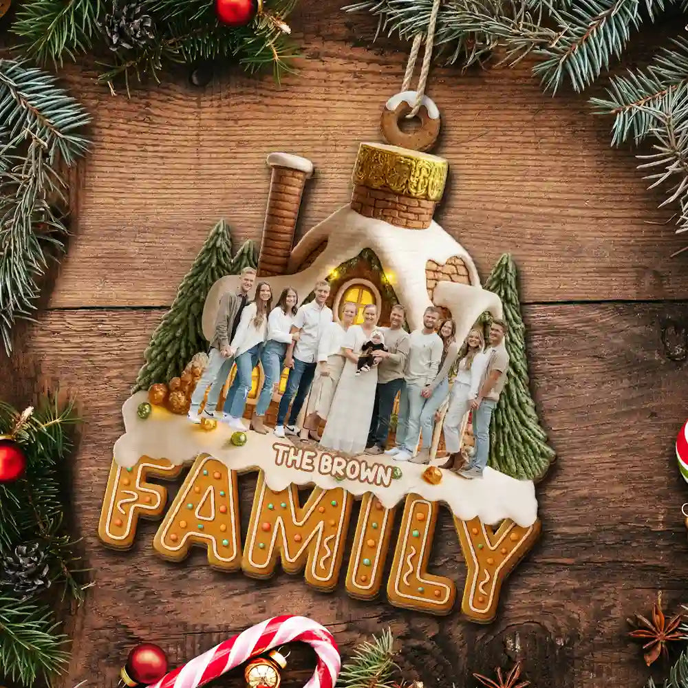 Family, Christmas, Happy - Custom Photo Family Christmas House - Personalized Custom Shaped Wooden Ornament