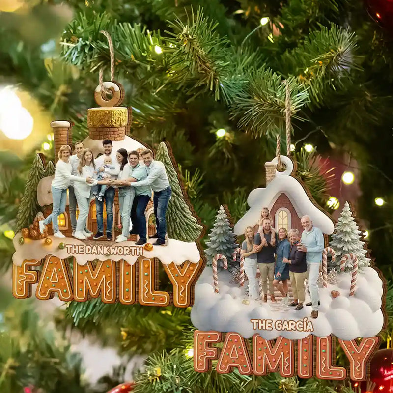 Family, Christmas, Happy - Custom Photo Family Christmas House - Personalized Custom Shaped Wooden Ornament