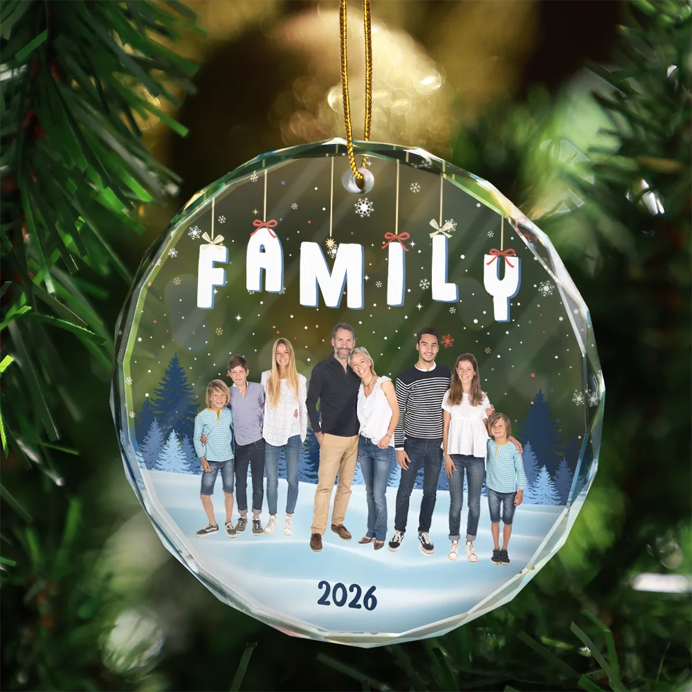 Christmas,Custom Photo,Family,Gift For Bestie,Gift For Sisters,Gift For Brothers,Gift For Sibling,Happy - Custom Photo Family Friends Besties Sisters Sitting Together - Personalized Circle Glass Ornament