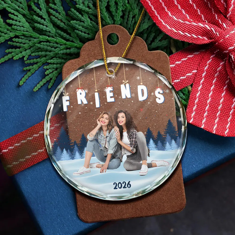 Christmas,Custom Photo,Family,Gift For Bestie,Gift For Sisters,Gift For Brothers,Gift For Sibling,Happy - Custom Photo Family Friends Besties Sisters Sitting Together - Personalized Circle Glass Ornament