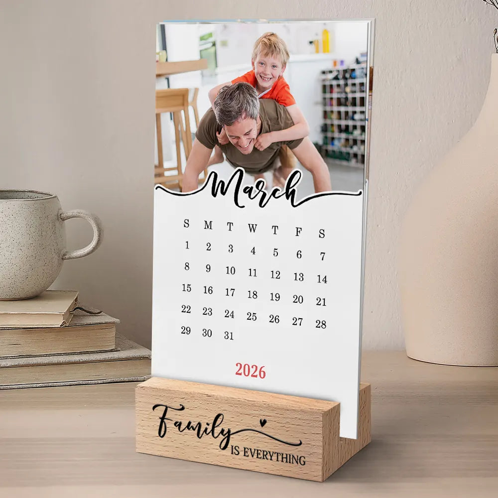 Family,Happy,Christmas,Love - Custom Photo Family Is Everything - Personalized Calendar With Wooden Stand