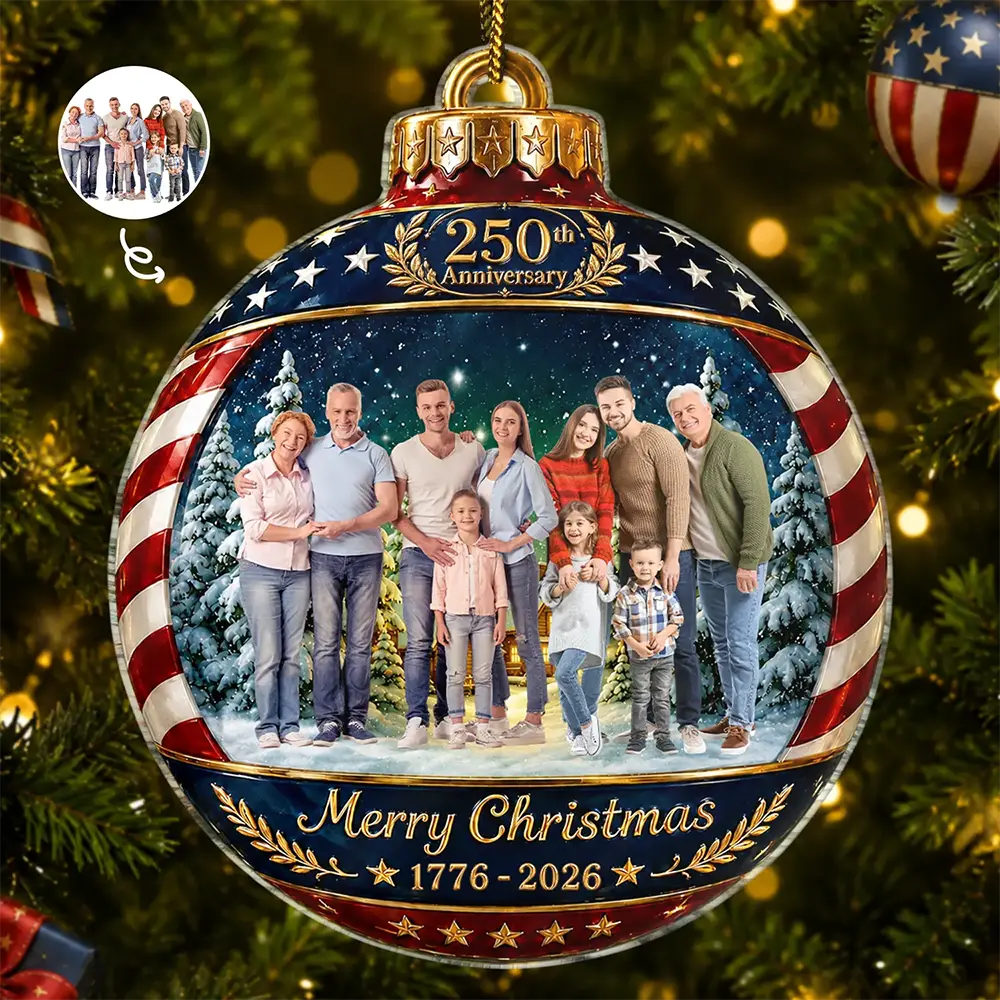 Independence Day,America 250th,Christmas,Proud,Custom Photo,Family,Remove BG Photo - Custom Photo Family Merry Christmas 250th Anniversary - Personalized Custom Shaped Acrylic Ornament