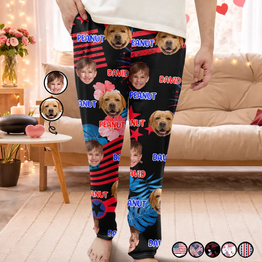 Custom Photo Family Mom Dad Pet Face America Stars And Stripes - Personalized Pajama Pants