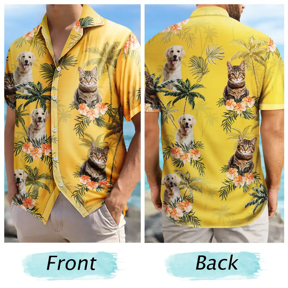 Custom Photo,Pet Lovers,Pet Mom,Pet Dad,Dog Lovers,Dog Mom,Dog Dad,Family,Happy,Summer,Beach - Custom Photo Family Pet Face Palm Tree Pattern - Personalized Hawaiian Shirt