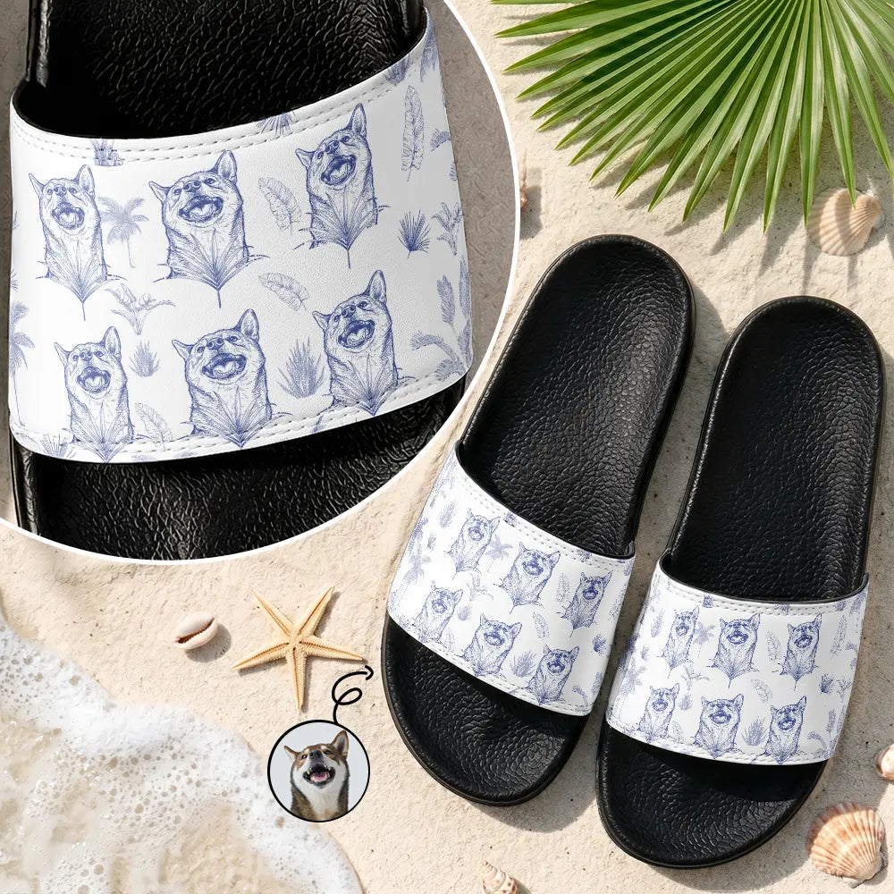 Custom Photo Family Pet Pencil Sketch Toile De Jouy - Personalized Unisex Slides