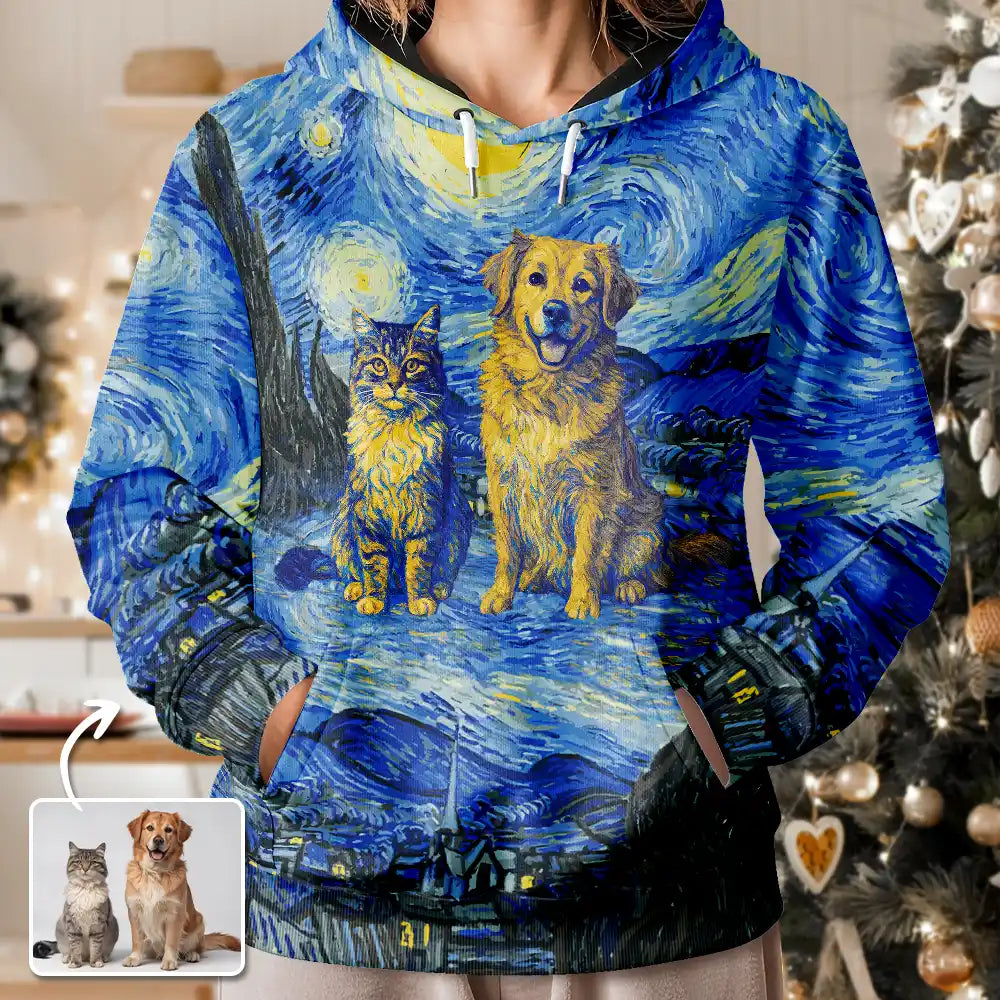 Custom Photo Family Pet Portrait Art Style Starry Night Painting Effect - Personalized Pullover Hoodie