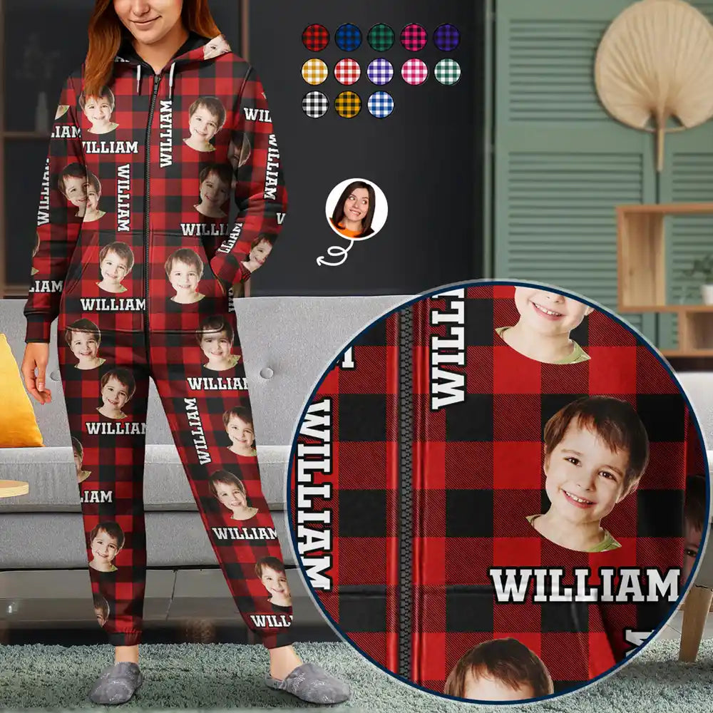 Custom Photo Family Plaid Pattern - Personalized Overall Onesie Hooded Jumpsuit