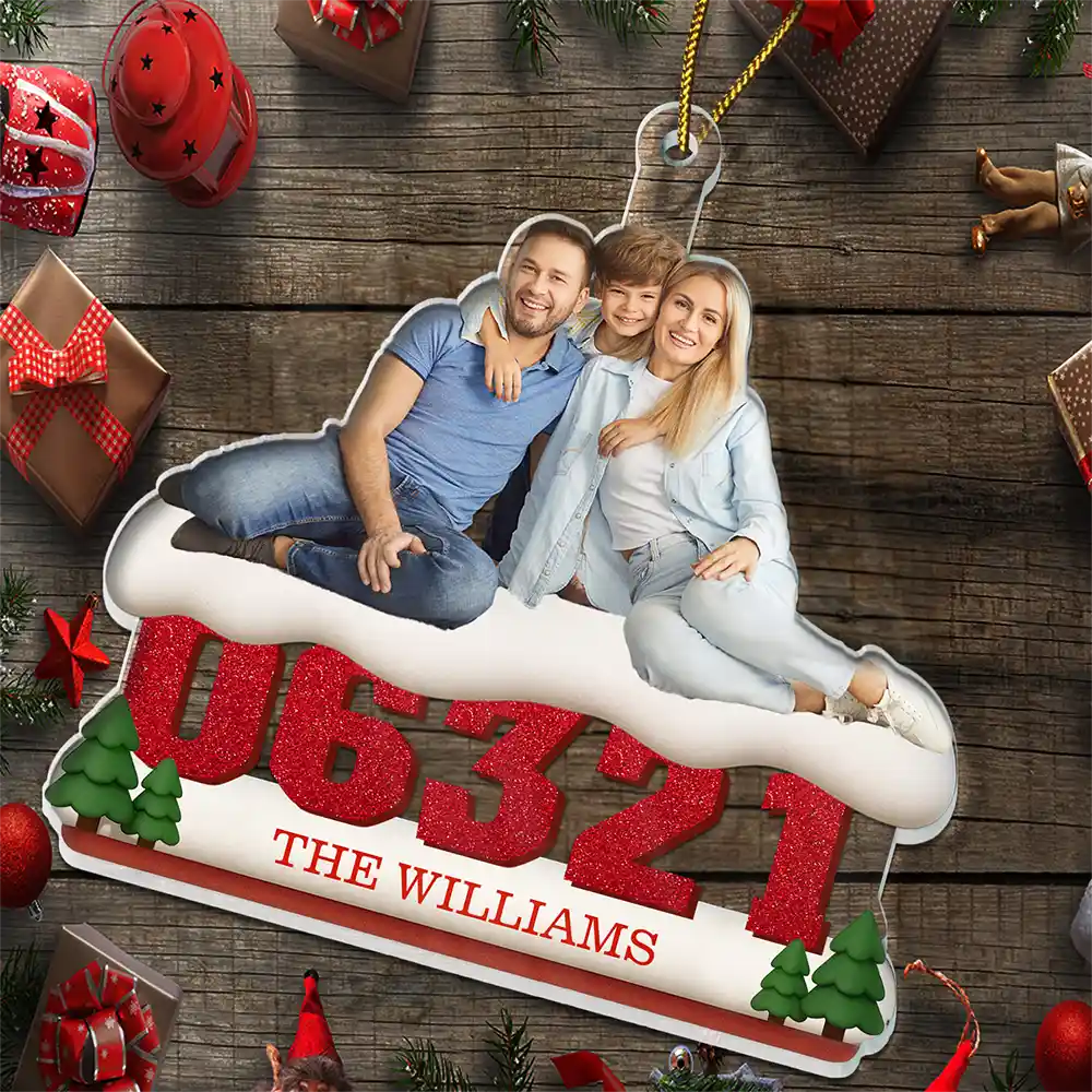 Family,Custom Photo,Christmas - Custom Photo Family Sitting On Snow Zip Code - Personalized Custom Shaped Acrylic Ornament