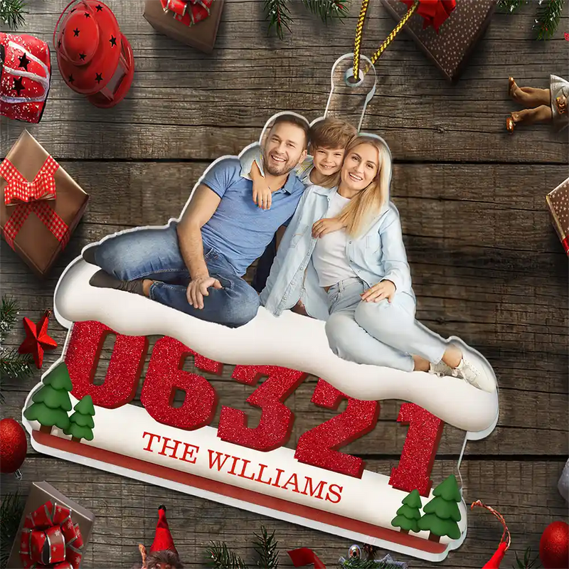 Family,Custom Photo,Christmas - Custom Photo Family Sitting On Snow Zip Code - Personalized Custom Shaped Acrylic Ornament