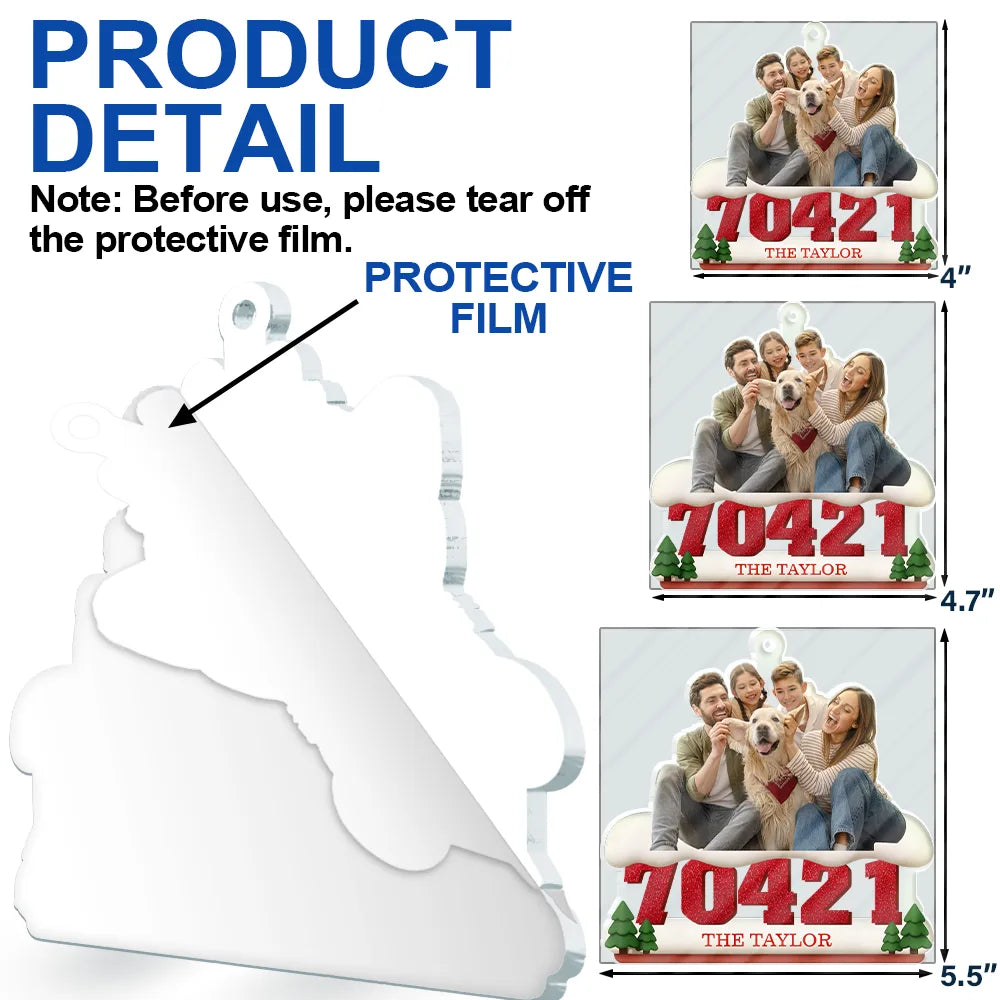 Family,Custom Photo,Christmas - Custom Photo Family Sitting On Snow Zip Code - Personalized Custom Shaped Acrylic Ornament