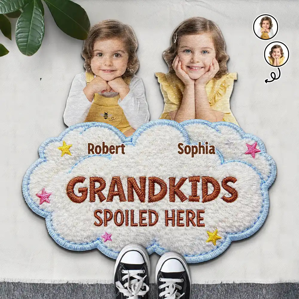 Gift For Grandma,Gift For Grandpa,Grandpa - Grandkids,Grandma - Grandkids,Gift For Women,Gift For Men,Happy,Custom Photo - Custom Photo Faux Embroidery Effect Spoiled Grandkids Live Here - Personalized Custom Shaped Doormat