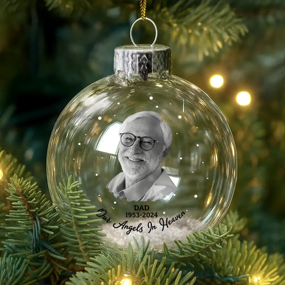 Christmas, Custom Photo, Memorial, Dad - Children, Sad - Custom Photo Feather Appears When Dad Is Near - Personalized Glass Bauble Ornament