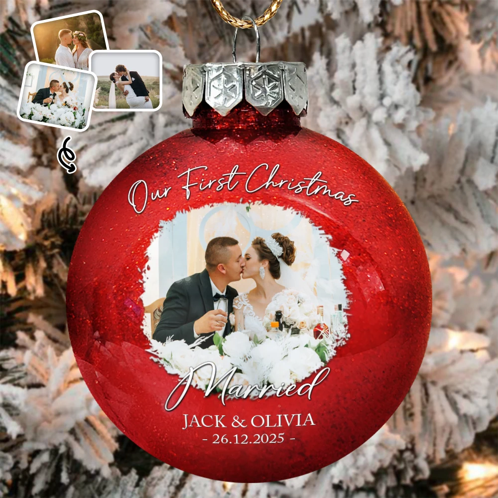 Custom Photo First Christmas As Mr & Mrs Couples - Personalized Ball Ornament