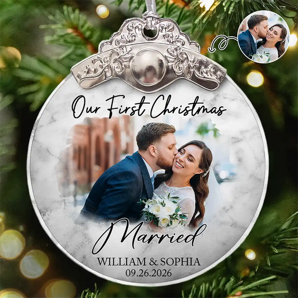 Gift For Couples,Gift For Husband,Gift For Wife,Christmas,Wedding,Love - Custom Photo First Christmas As Mr & Mrs Couples - Personalized Glass Ornament With Silver Cap