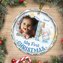 Custom Photo First Christmas Elephant Star - Personalized Circle Glass Ornament
