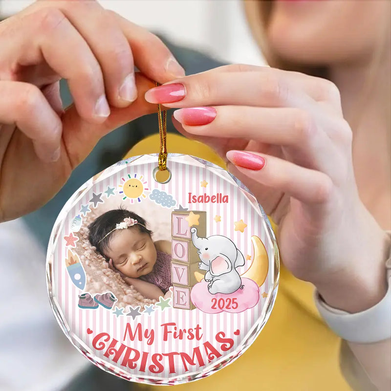 Custom Photo First Christmas Elephant Star - Personalized Circle Glass Ornament