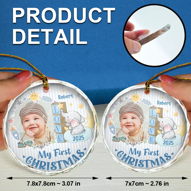 Custom Photo First Christmas Elephant Star - Personalized Circle Glass Ornament