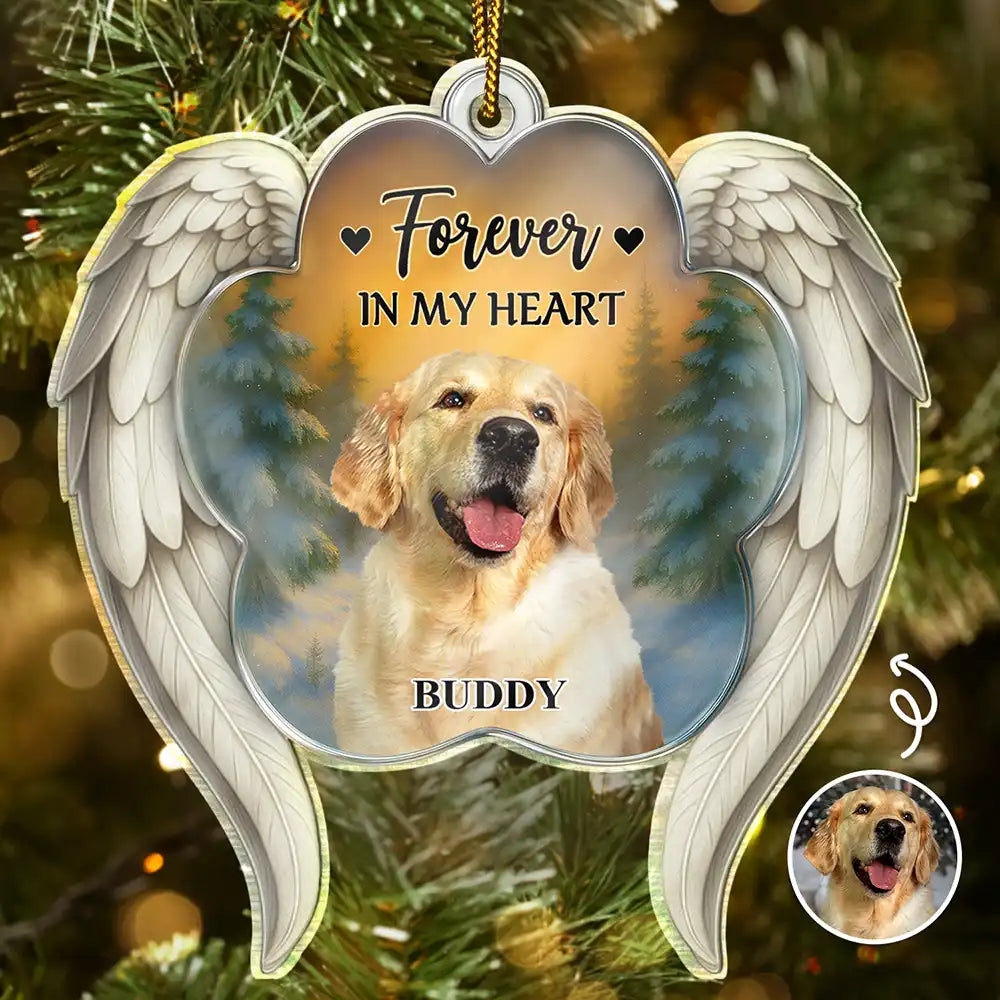 Christmas,Pet Lovers,Memorial - Custom Photo Forever In My Heart Paw Angel Wings - Personalized Custom Shaped Acrylic Ornament
