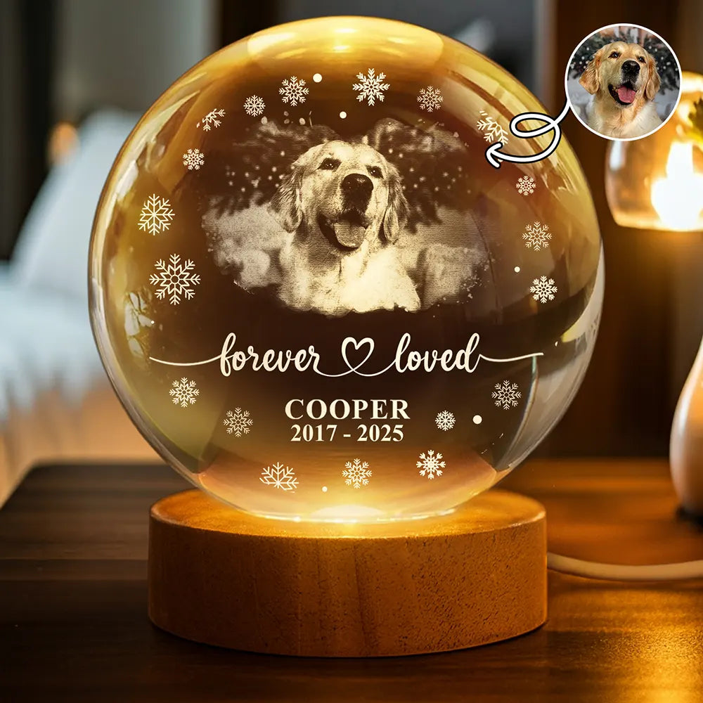 Sad,Memorial,Dog Lovers,Pet Lovers,Cat Lovers - Custom Photo Forever Loved Memorial Dog Cat - Personalized Crystal Globe Lamp