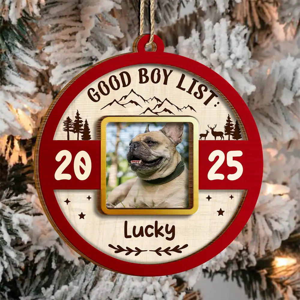 Pet Lovers,Pet Mom,Pet Dad,Dog Lovers,Dog Mom,Dog Dad,Cat Lovers,Cat Mom,Cat Dad,Christmas,Love - Custom Photo Frame First Christmas Dog Cat - Personalized 2-Layered Wooden Ornament