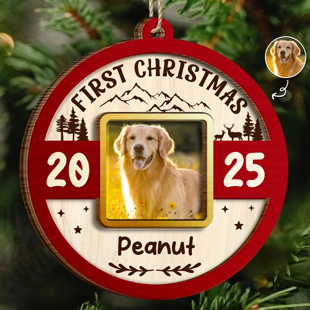 Pet Lovers,Pet Mom,Pet Dad,Dog Lovers,Dog Mom,Dog Dad,Cat Lovers,Cat Mom,Cat Dad,Christmas,Love - Custom Photo Frame First Christmas Dog Cat - Personalized 2-Layered Wooden Ornament