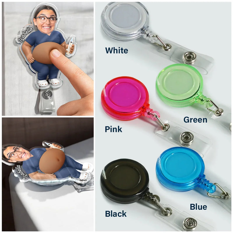 Humorous,Nurse,Custom Photo,Cut-Face Photo - Custom Photo Funny Belly Healthcare Heroes - Personalized Squishy Badge Reel