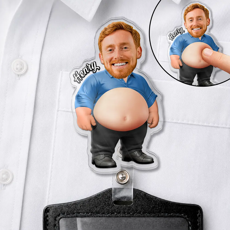 Gift For Colleagues,Humorous,Custom Photo,Cut-Face Photo - Custom Photo Funny Belly Office Squad - Personalized Squishy Badge Reel