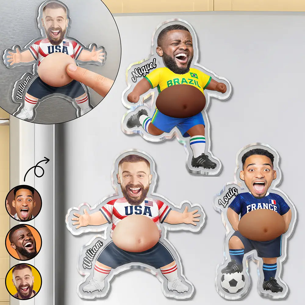 Custom Photo, Football (Soccer), Gift For Men, Gift For Yourself, Humorous, Summer Soccer Games, Cut-Face Photo - Custom Photo Funny Belly Score A Goal - Personalized Squishy Acrylic Fridge Magnet