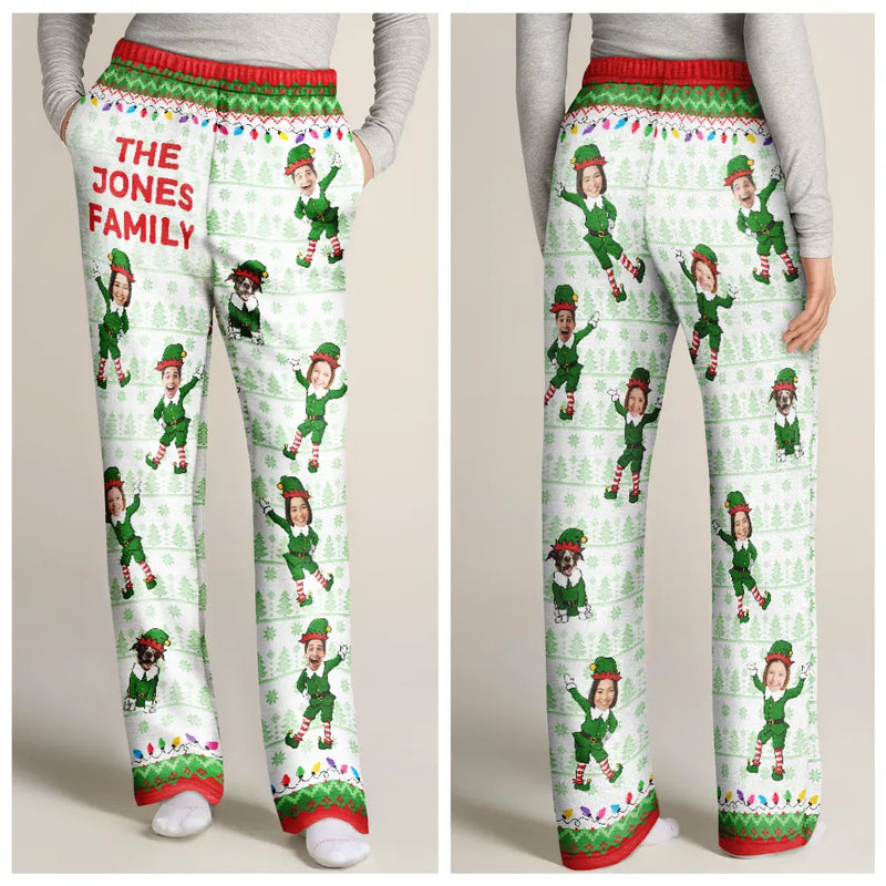 Family,Parents,Gift For Grandparents,Gift For Kids,Gift For Grandkids,Pet Lovers,Dog Lovers,Christmas,Custom Photo - Custom Photo Funny Christmas Elf Family Face Cut - Personalized Pajama Pants