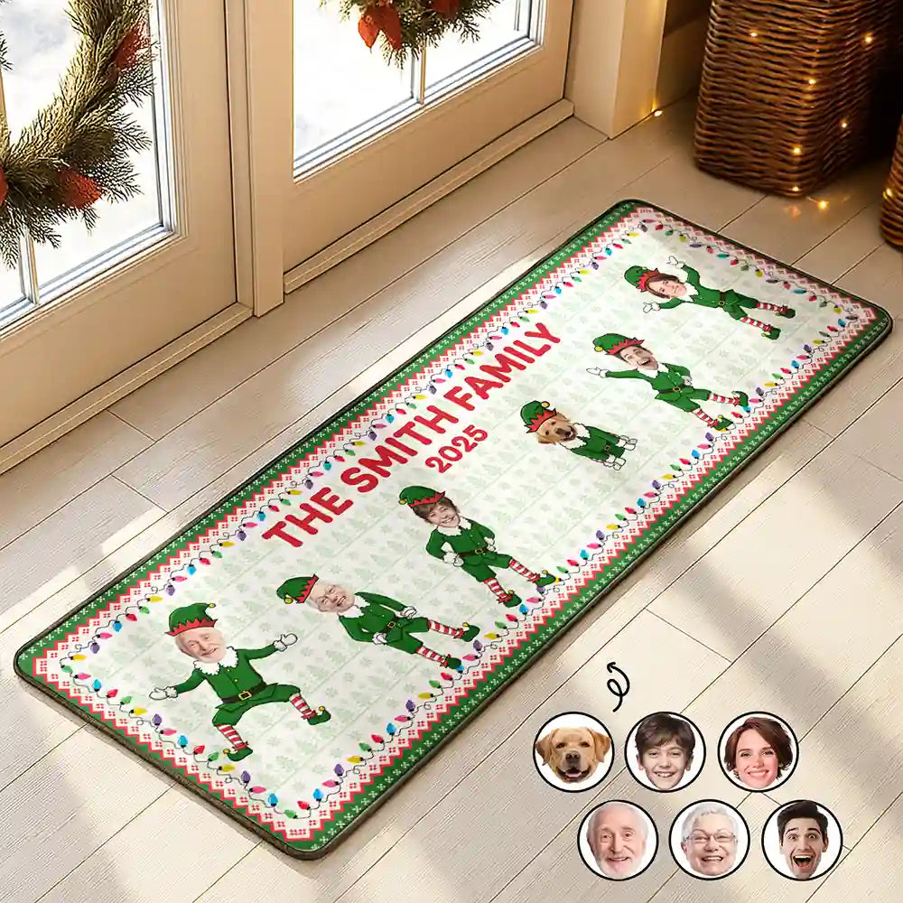Custom Photo Funny Christmas Elf Family Face Cut - Personalized Runner Rug