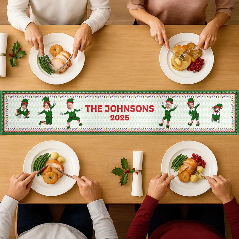 Family, Parents, Gift For Grandparents, Happy, Christmas - Custom Photo Funny Christmas Elf Family Face Cut - Personalized Table Runner