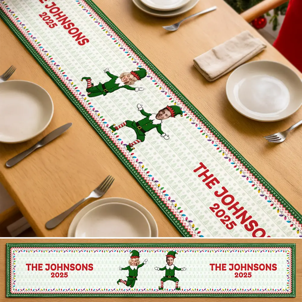 Family, Parents, Gift For Grandparents, Happy, Christmas - Custom Photo Funny Christmas Elf Family Face Cut - Personalized Table Runner