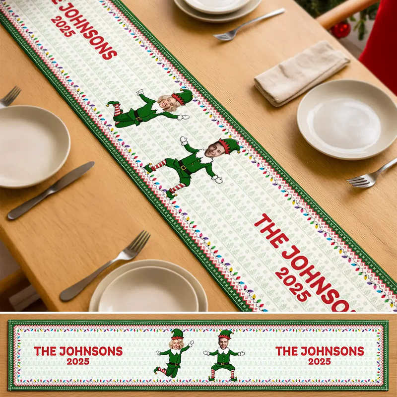Family, Parents, Gift For Grandparents, Happy, Christmas - Custom Photo Funny Christmas Elf Family Face Cut - Personalized Table Runner